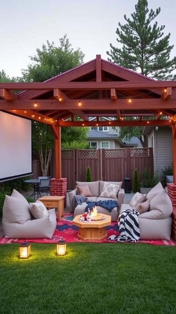 Cozy backyard pergola with outdoor movie screen, comfy seating, and lights.