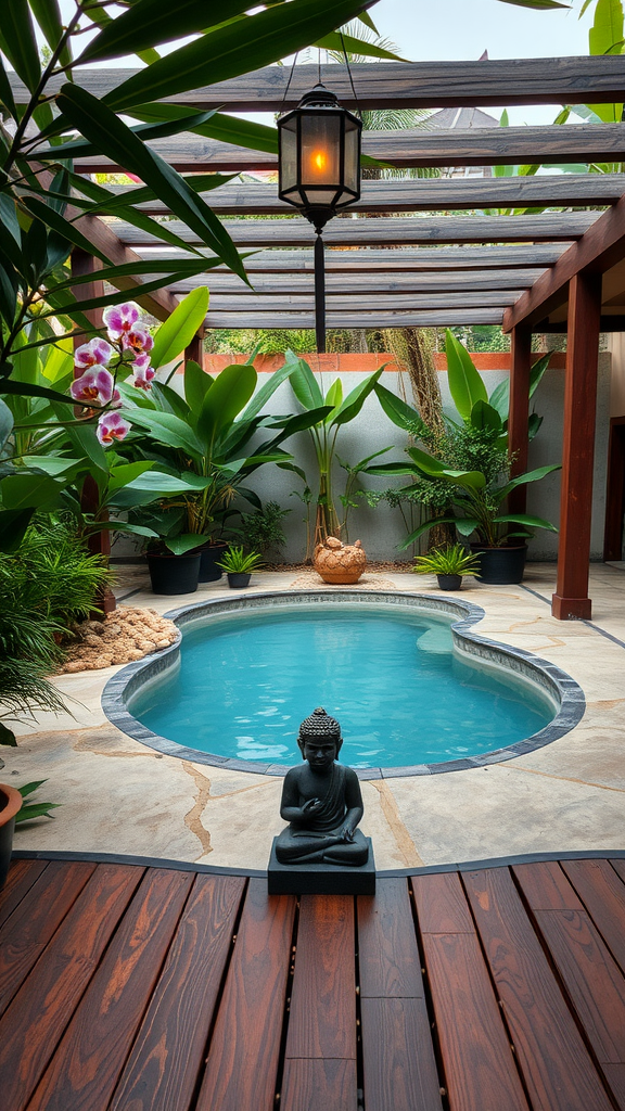 Bali-inspired plunge pool surrounded by tropical plants and a wooden deck.