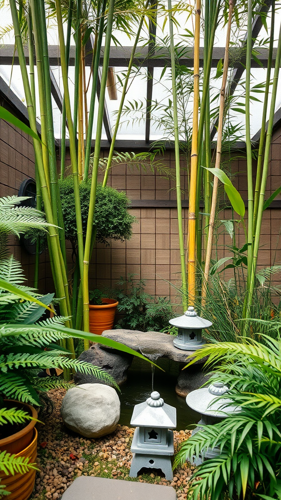 A serene bamboo garden featuring tall bamboo, a small pond with rocks, and decorative lanterns.