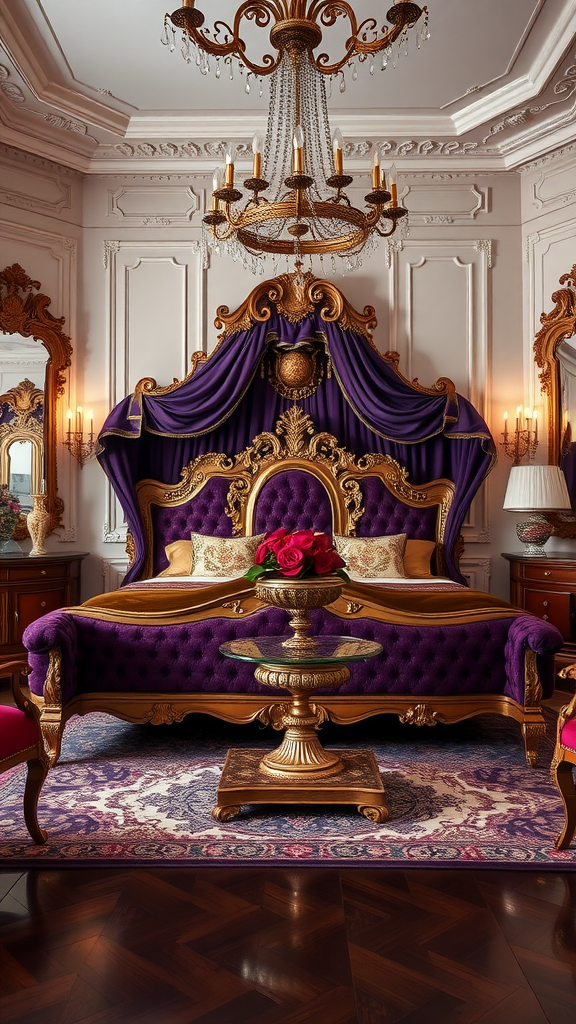 A luxurious master bedroom featuring a purple and gold color scheme with an ornate bed, chandelier, and decorative furnishings.