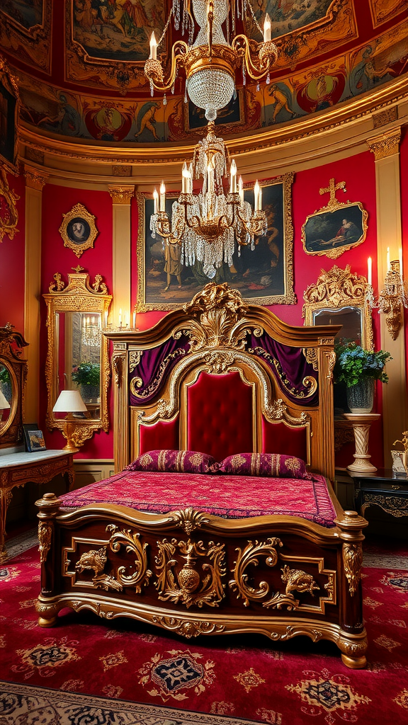 A luxurious Baroque Revival bedroom with red walls, ornate furniture, and a grand chandelier.