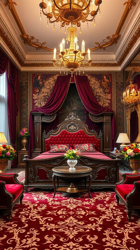 Baroque style master bedroom featuring rich red and gold decor, ornate furniture, and a grand chandelier.