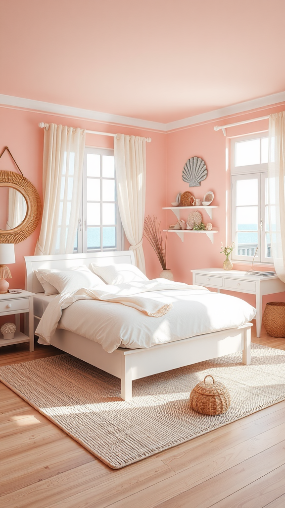 Cozy pink coastal bedroom with white furniture and natural textures.