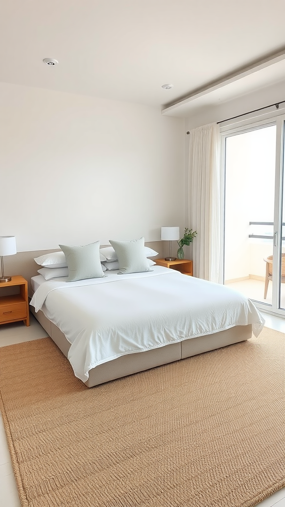 A minimalistic modern coastal bedroom with a white bedspread, wooden nightstands, and a jute rug.