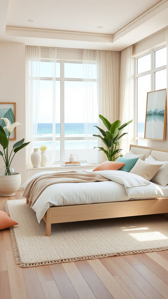 A modern coastal bedroom with large windows overlooking the ocean, featuring a wooden bed with neutral bedding and decorative pillows.