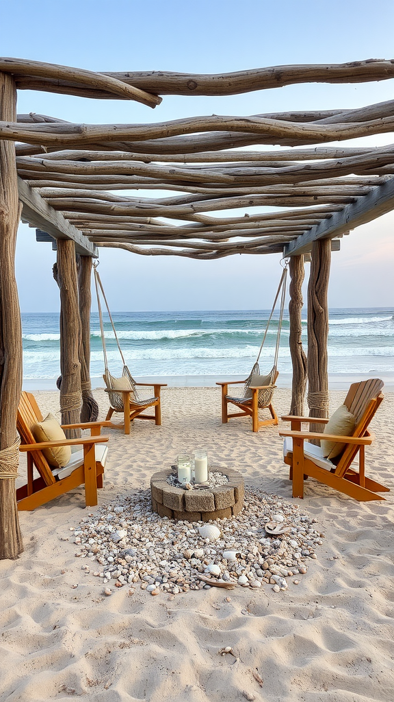 Beachside pergola made from driftwood with swings and a sandy area.