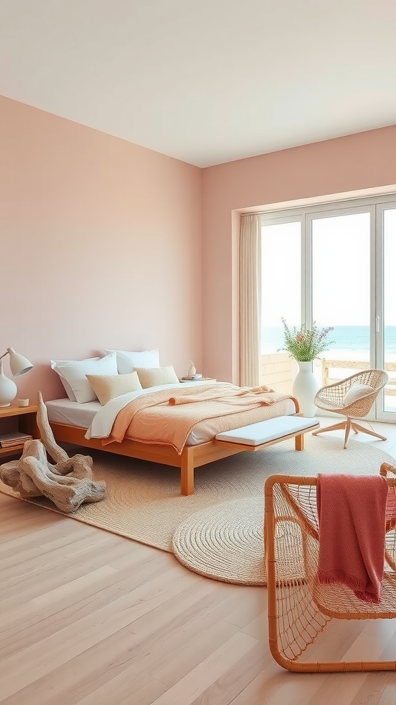 A serene coastal bedroom featuring blush pink walls, a wooden bed, and natural decor.