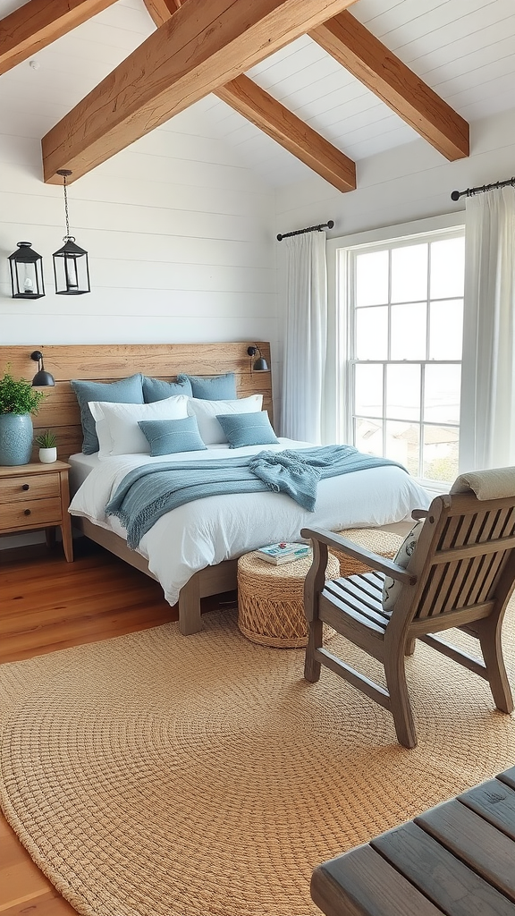 A beachy farmhouse bedroom featuring wooden beams, soft blue and white bedding, a woven rug, and a cozy reading nook.