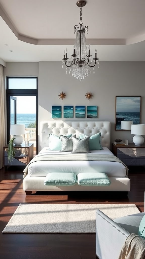 Modern coastal bedroom with a plush bed, chandelier, ocean view and beach-themed decor