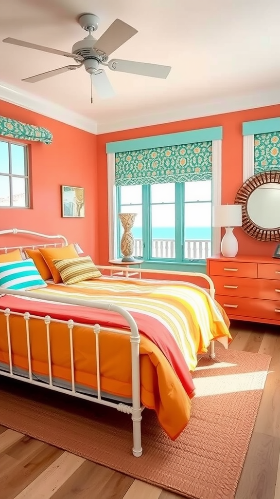 A vibrant coastal bedroom featuring coral walls, striped bedding, and natural wood floors.