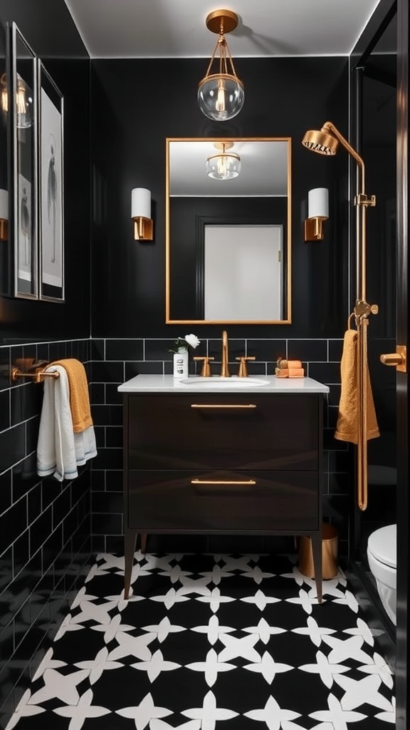 Stylish black and gold bathroom featuring modern fixtures