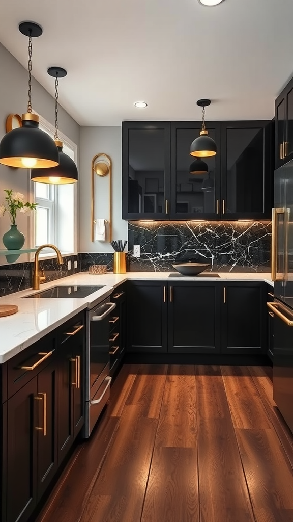 Black and gold mid-century modern kitchen with sleek cabinetry and elegant lighting.