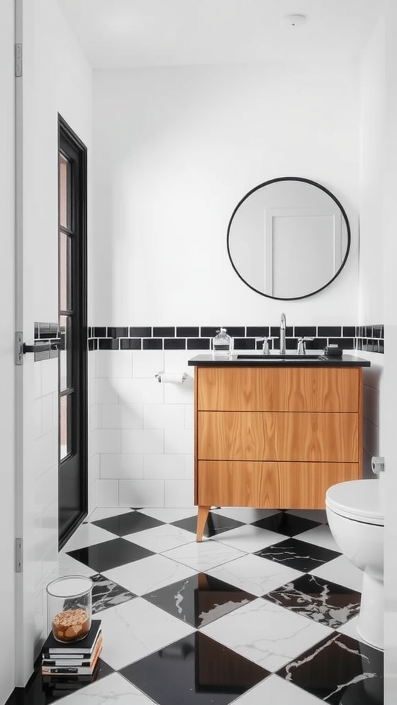 A black and white minimalist bathroom featuring a wooden cabinet, round mirror, and geometric patterned floor tiles.