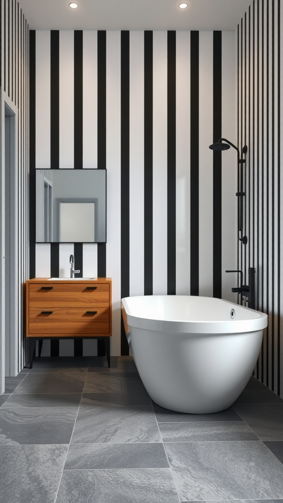 Modern bathroom featuring black and white vertical striped walls, a white freestanding tub, and a wooden vanity.