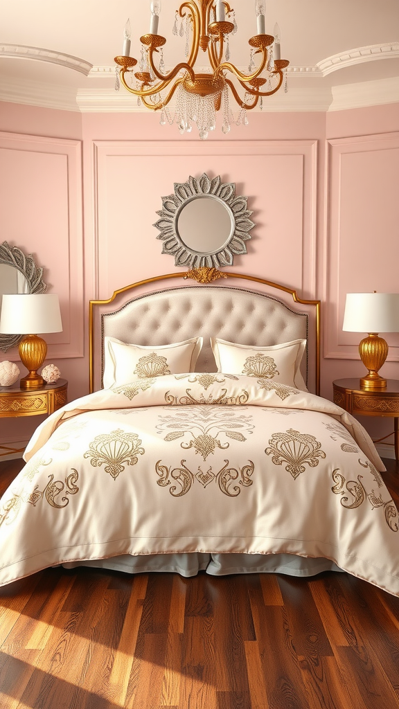 Cozy blush pink and gold coastal bedroom with elegant decor and bedding.