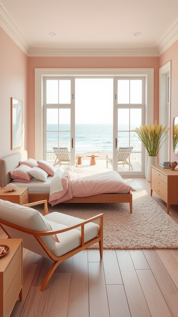 A cozy blush pink beachfront bedroom with large windows overlooking the ocean.