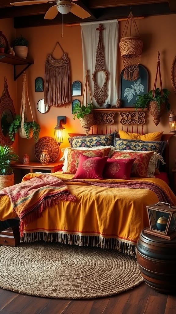 A bohemian bedroom with warm tones, featuring an orange bedspread, colorful pillows, a jute rug, and decorative wall hangings.