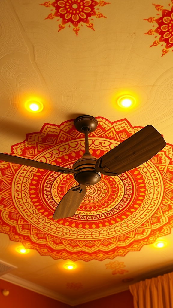 Bohemian ceiling design featuring intricate patterns and a ceiling fan