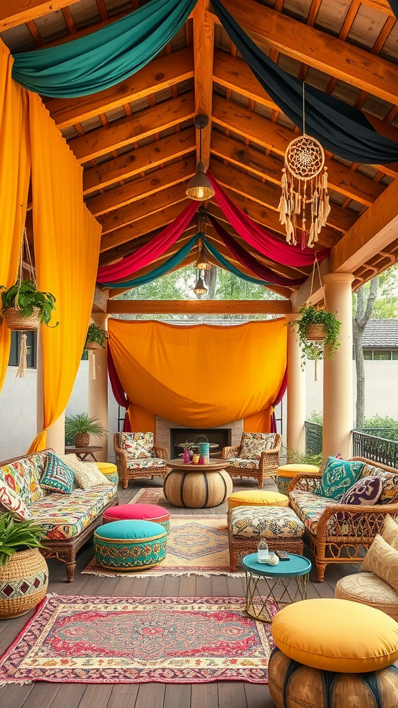 Colorful bohemian chic covered patio with vibrant drapes, patterned cushions, and cozy seating.