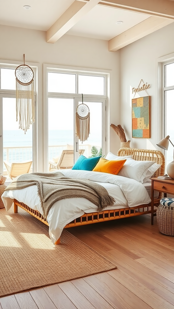 A bright and airy bohemian coastal bedroom featuring a rattan bed, colorful pillows, and ocean views through large windows.