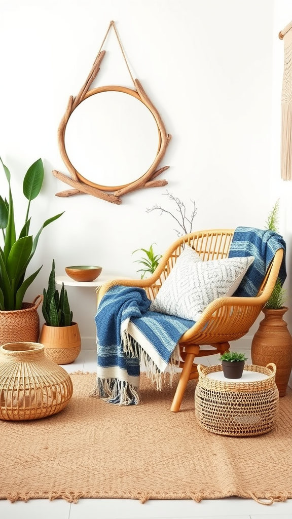 Cozy bohemian coastal living room with rattan chair, plants, and woven decor