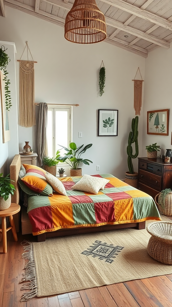 A vibrant bohemian-style bedroom with colorful patchwork quilt, indoor plants, and natural decor.