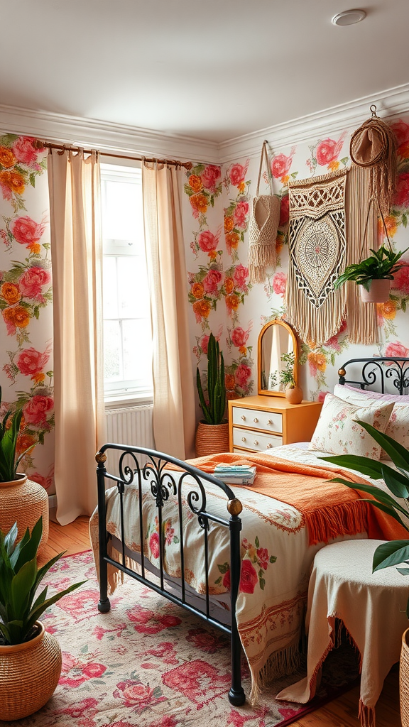 A cozy bohemian floral bedroom featuring colorful wallpaper, plants, and a stylish bed.