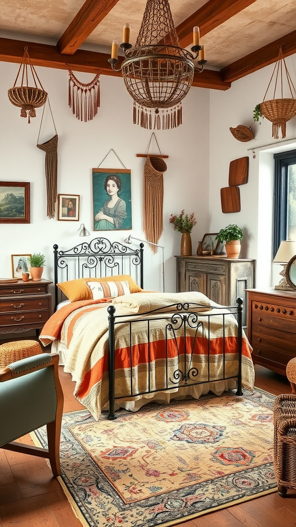 A cozy bohemian French country bedroom featuring a black iron bed, warm-toned bedding, and rustic decor.