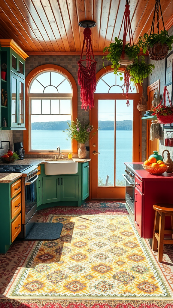 Bright and colorful bohemian lake house kitchen with a view of the lake.