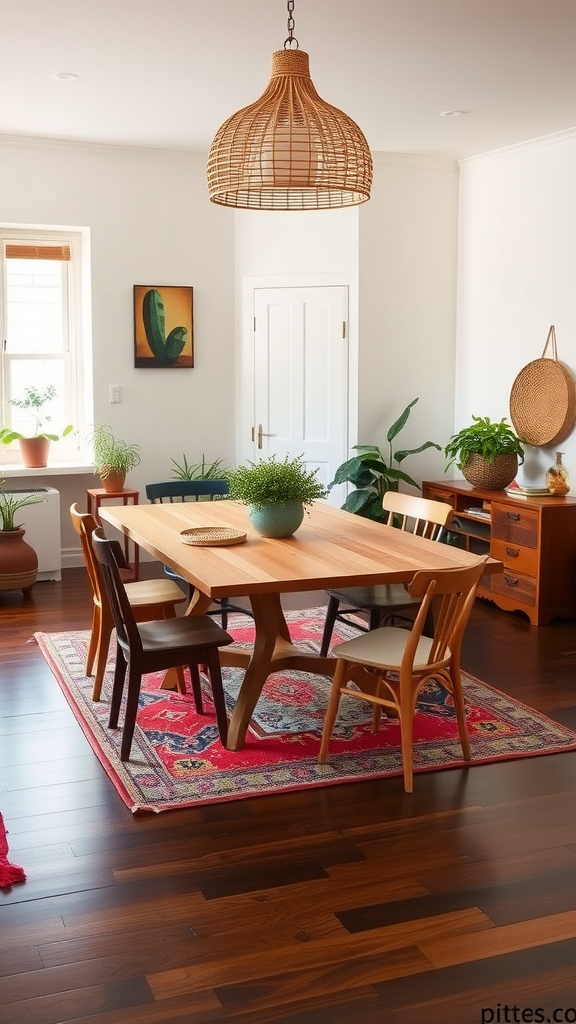 A cozy Bohemian Mid Century Modern dining room featuring a wooden dining table with mixed chairs, a rattan pendant lamp, and plants.