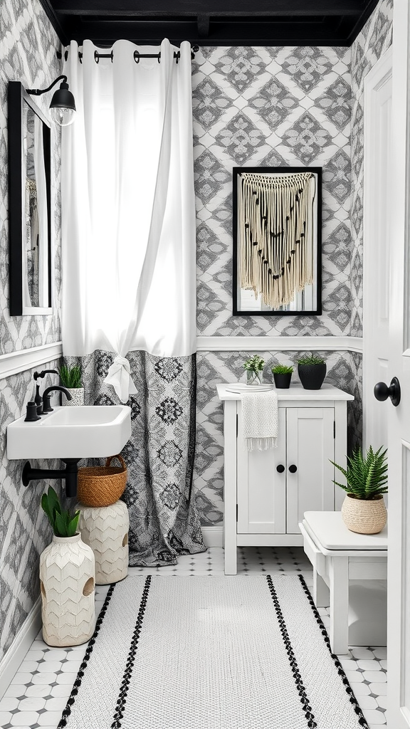 A stylish bathroom featuring black and white patterned wallpaper, white curtains, potted plants, and modern fixtures.