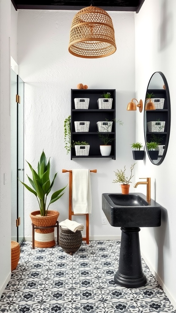 A stylish black and white bathroom featuring a modern black tub, floral patterned tiles, and bohemian decor elements.