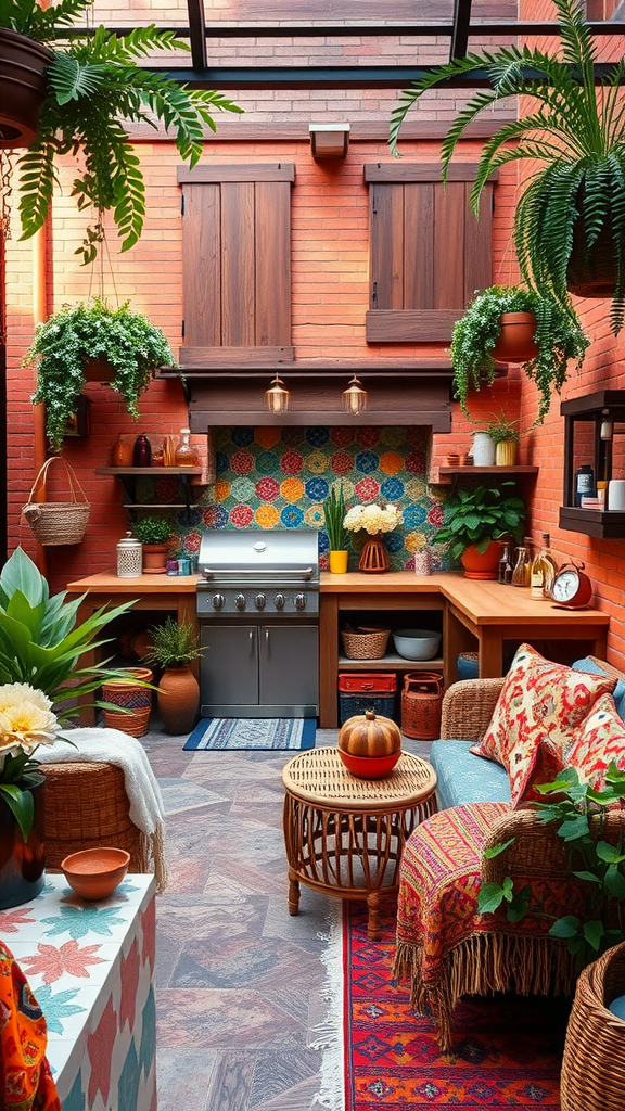 A bohemian outdoor kitchen patio featuring vibrant tile backsplash, a grill, comfortable seating with bold patterns, and lush plants.