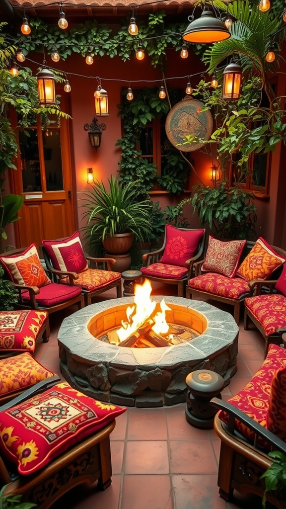 A cozy bohemian patio fire pit surrounded by colorful cushions and greenery, with string lights overhead.