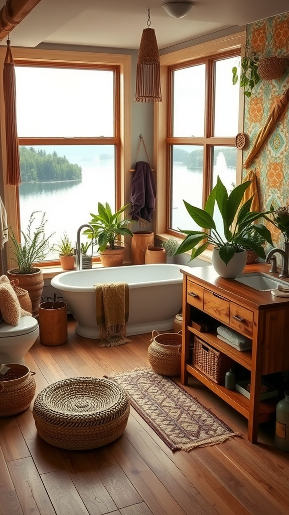 A stylish Boho-Chic bathroom in a lake house, featuring large windows, plants, a freestanding tub, wooden furniture, and a cozy rug.