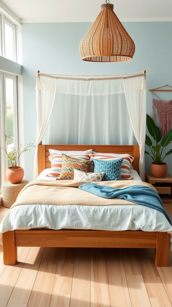 A modern coastal bedroom with a wooden bed, colorful pillows, a rattan light fixture, and plants.