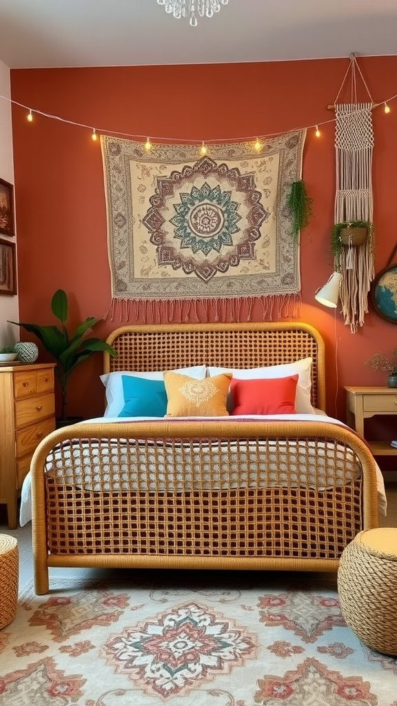 A cozy Boho chic bedroom featuring a rattan bed, colorful pillows, a tapestry on the wall, and warm lighting.