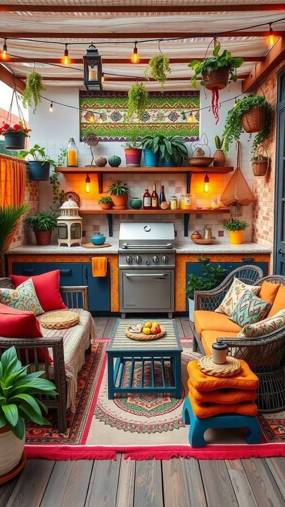 Boho chic outdoor kitchen patio with colorful seating, plants, and decorative elements.