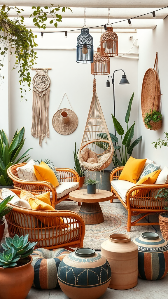 A stylish boho outdoor lounge featuring rattan chairs, vibrant cushions, hanging lanterns, and lush greenery.