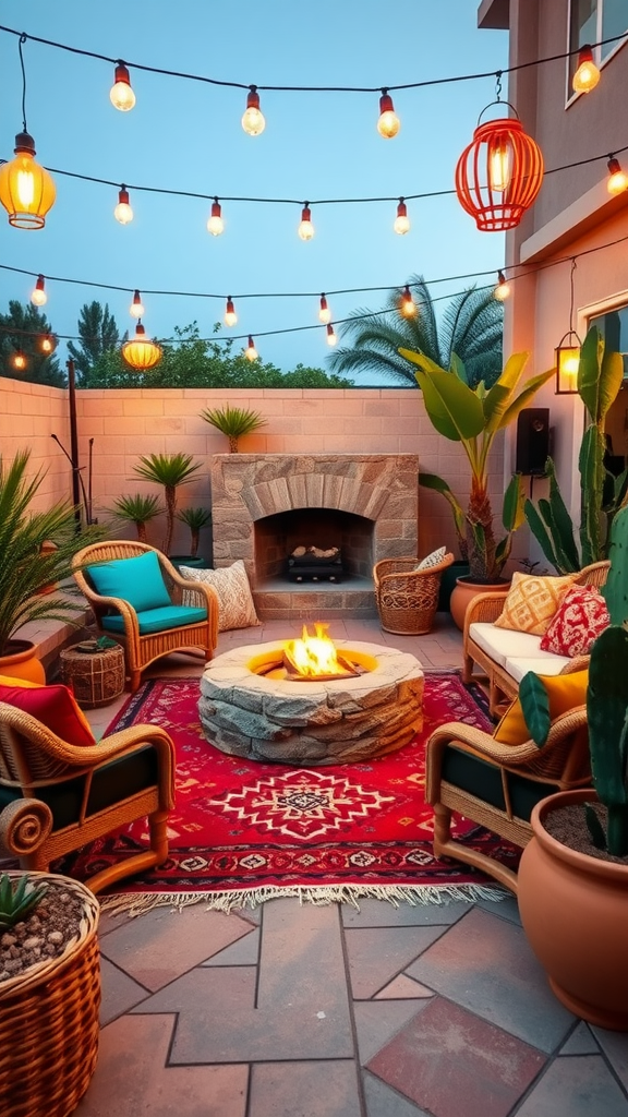 Boho chic patio featuring a fire pit, cozy seating, and string lights.