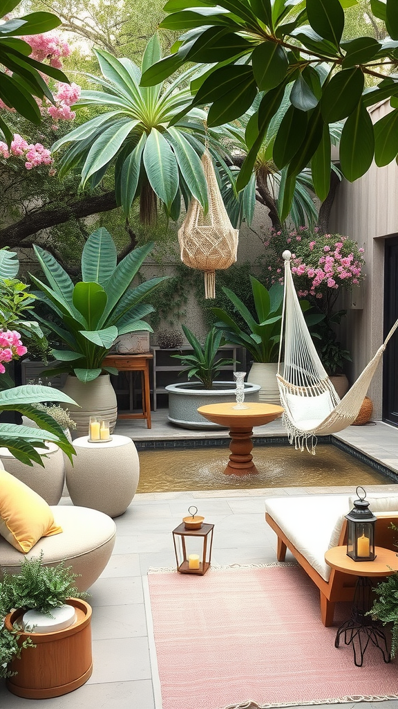 A stylish boho chic patio featuring a water fountain, lush plants, and cozy seating.