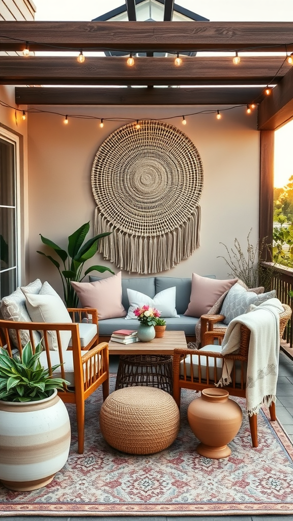 Cozy Boho patio with woven wall art, wooden chairs, cushions, and potted plants.