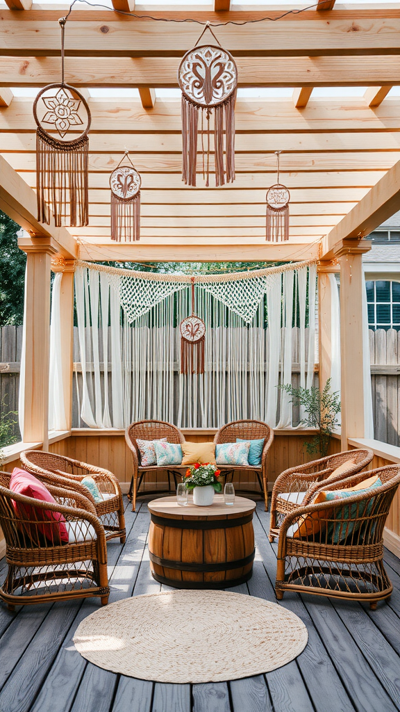 Boho chic pergola featuring macramé decorations, comfortable seating, and colorful cushions.