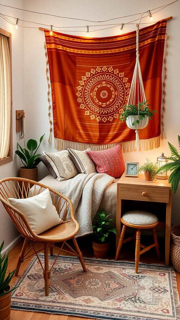 A cozy boho chic dorm room featuring a vibrant tapestry, plants, rattan furniture, and warm lighting.