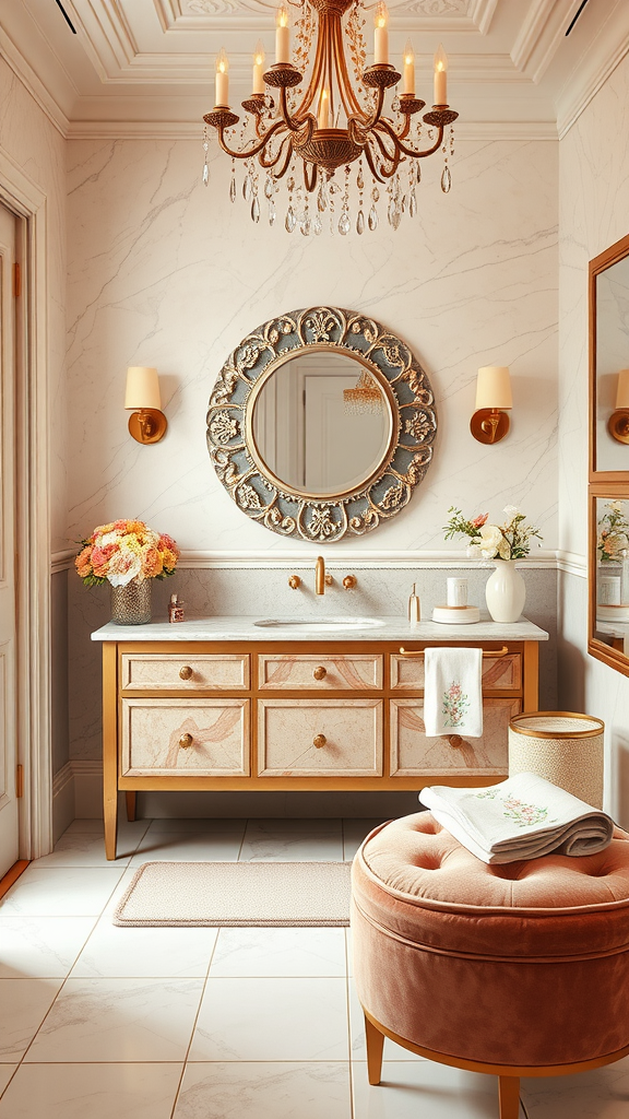 A stylish Boho glam bathroom featuring a chandelier, marble vanity, round decorative mirror, and floral accents.