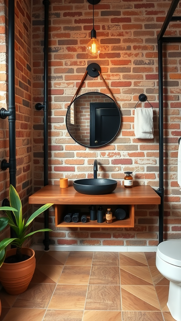 A stylish bathroom featuring a brick wall, wooden countertop with a black sink, round mirror, and industrial lighting.