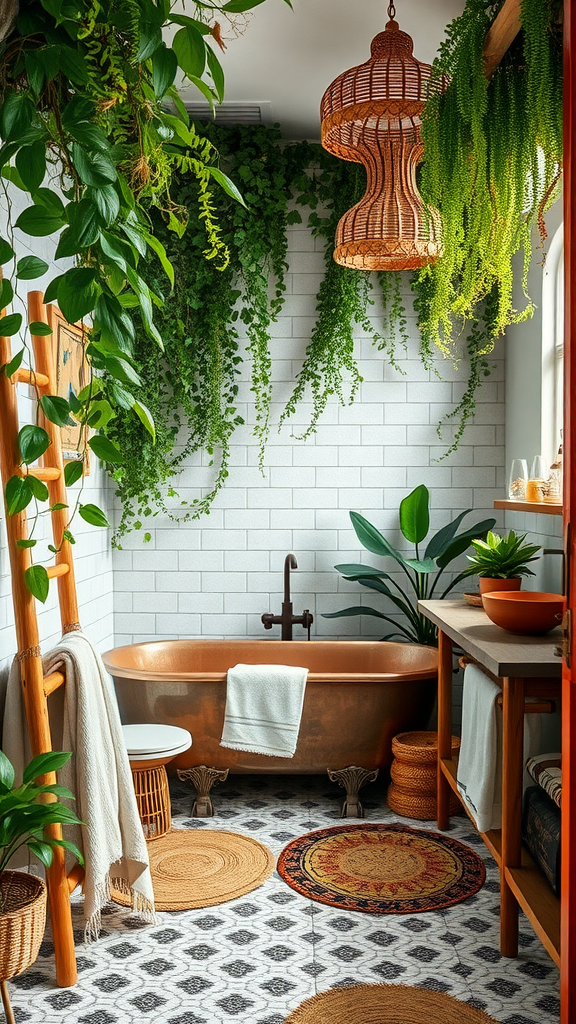 A boho-style bathroom featuring a copper bathtub surrounded by lush green plants, natural materials, and cozy decor.