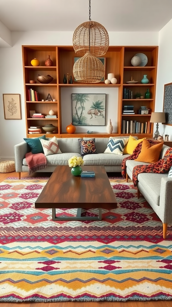 A vibrant Boho Mid Century Modern living room with a colorful rug, cozy sofa with patterned pillows, and decorative wooden shelves.