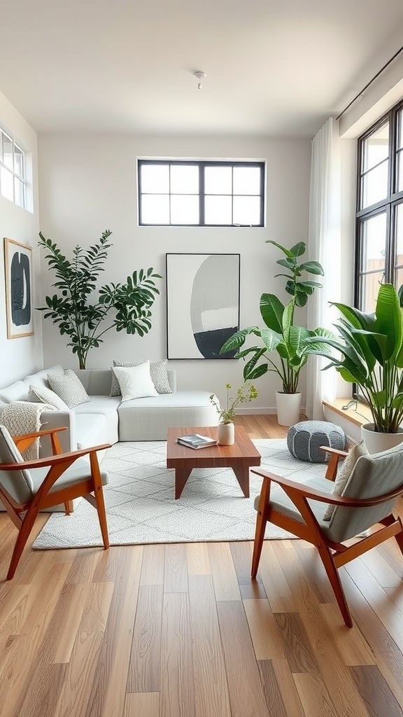 A cozy boho mid-century modern living room with plants, a sectional sofa, and a wooden coffee table.