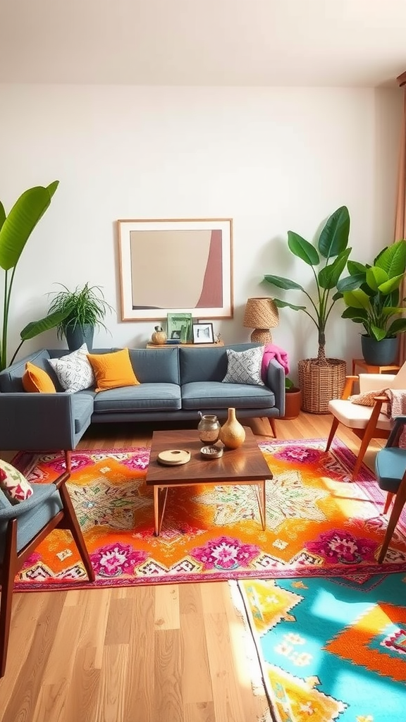 A vibrant Boho Mid Century Modern living room with a colorful statement rug, dark blue sofa, and large plants.